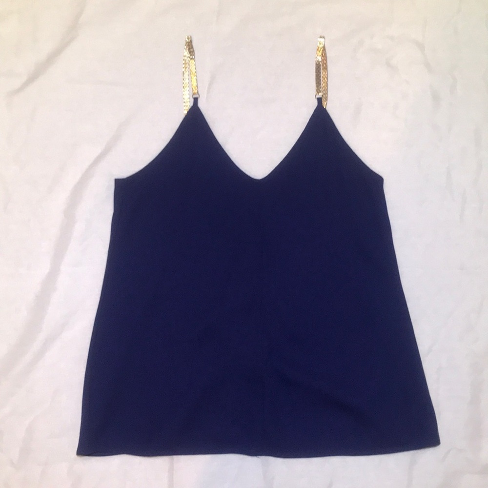 Express, navy blue tank top with gold straps